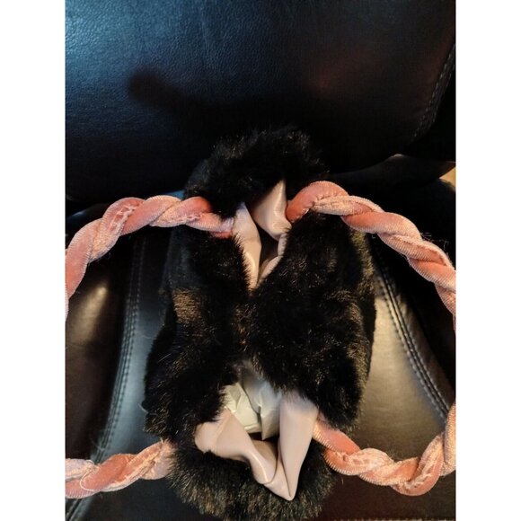 Plush BLACK Fur Bucket Bag Two PINK Pom Pom CHERRIES Fall School Trendy - Picture 12 of 12